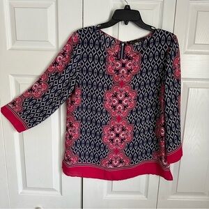 Rose & Olive Womens Pink Navy Geometric Long Sleeve Top Sz L Boho Career Flowy